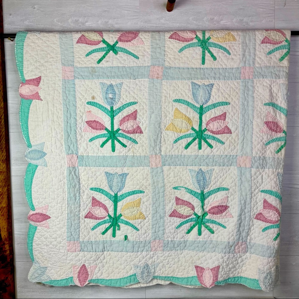 Vintage Hand Crafted & Quilted Dutch Tulip Quilt 78x78 Full  Floral Stained**